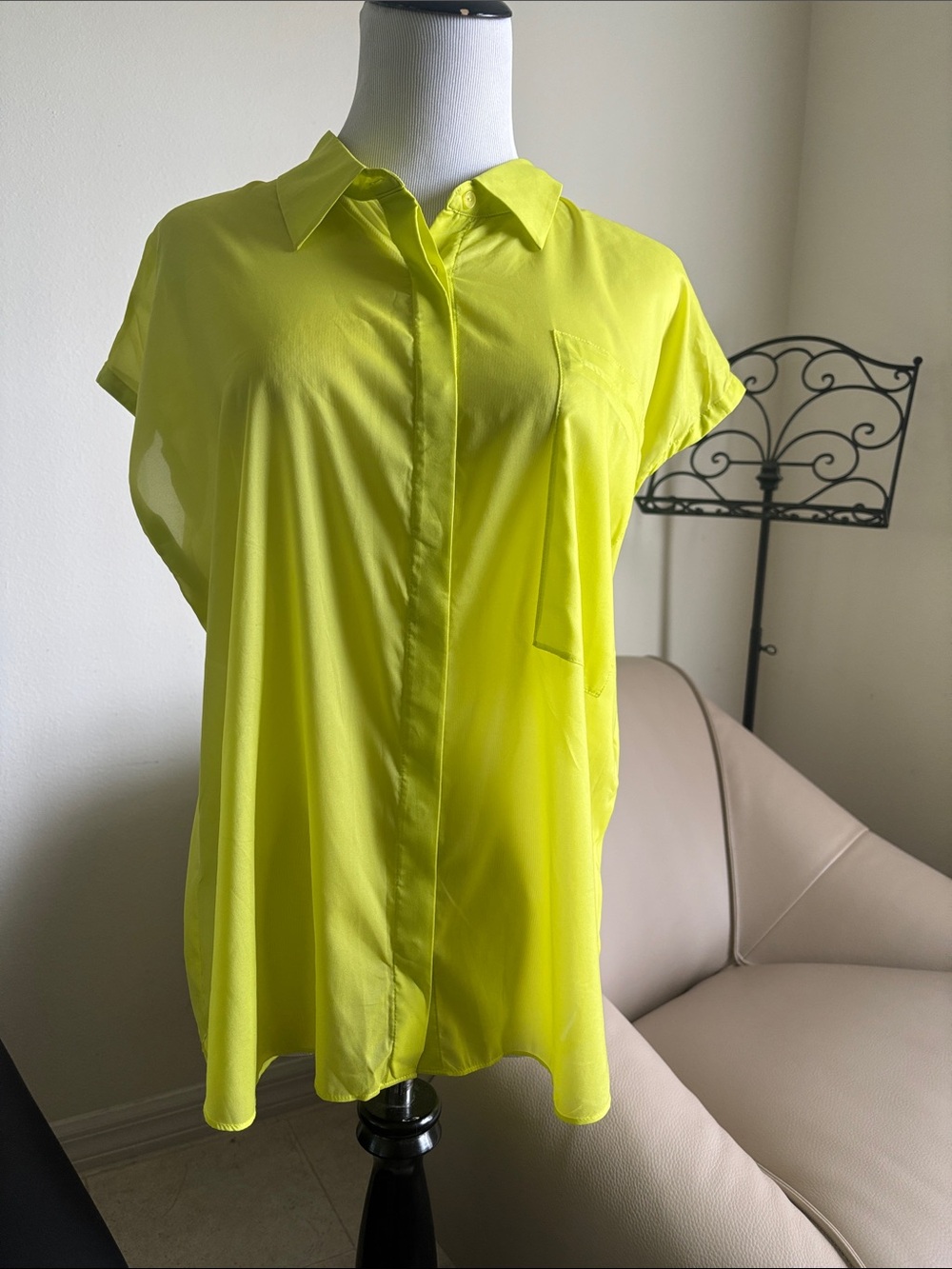 Neon Yellow Short-Sleeve Button Down Shirt - Women's